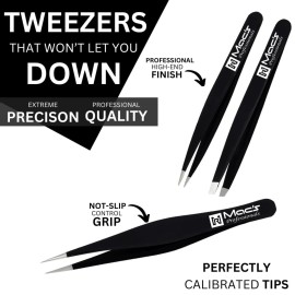 Macs Tweezers Set;- for Eyebrow Plucking, Ingrown Hair -Best for Eyebrow Hair, Facial Hair Removal,Splinter - Stainless Steel Precision Sharp- Pointy Ends Meet Perfectly - 7343BK (Black)