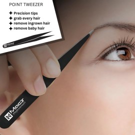 Macs Tweezers Set;- for Eyebrow Plucking, Ingrown Hair -Best for Eyebrow Hair, Facial Hair Removal,Splinter - Stainless Steel Precision Sharp- Pointy Ends Meet Perfectly - 7343BK (Black)