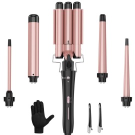 Curling Wand Set, Curling Iron Interchangeable 3 Barrel Wand Curler with Ceramic Tourmaline Professional 5 in 1 Wand Curling Iron,for Women with Curler and Waver