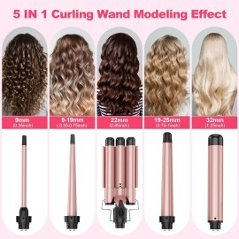 Curling Wand Set, Curling Iron Interchangeable 3 Barrel Wand Curler with Ceramic Tourmaline Professional 5 in 1 Wand Curling Iron,for Women with Curler and Waver