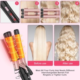 Curling Wand Set, Curling Iron Interchangeable 3 Barrel Wand Curler with Ceramic Tourmaline Professional 5 in 1 Wand Curling Iron,for Women with Curler and Waver