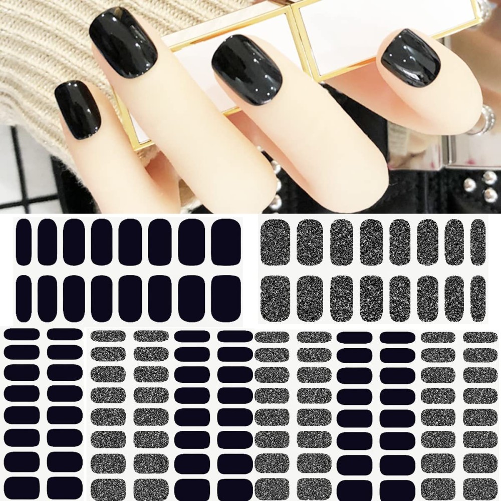 Black Glitter Street Nail Strips - Full Nail Wraps Self-Adhesive Decal Strips (8 Sheets 128 Pieces)