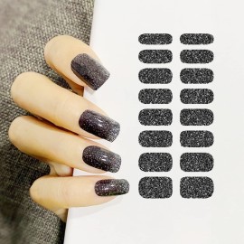 Black Glitter Street Nail Strips - Full Nail Wraps Self-Adhesive Decal Strips (8 Sheets 128 Pieces)