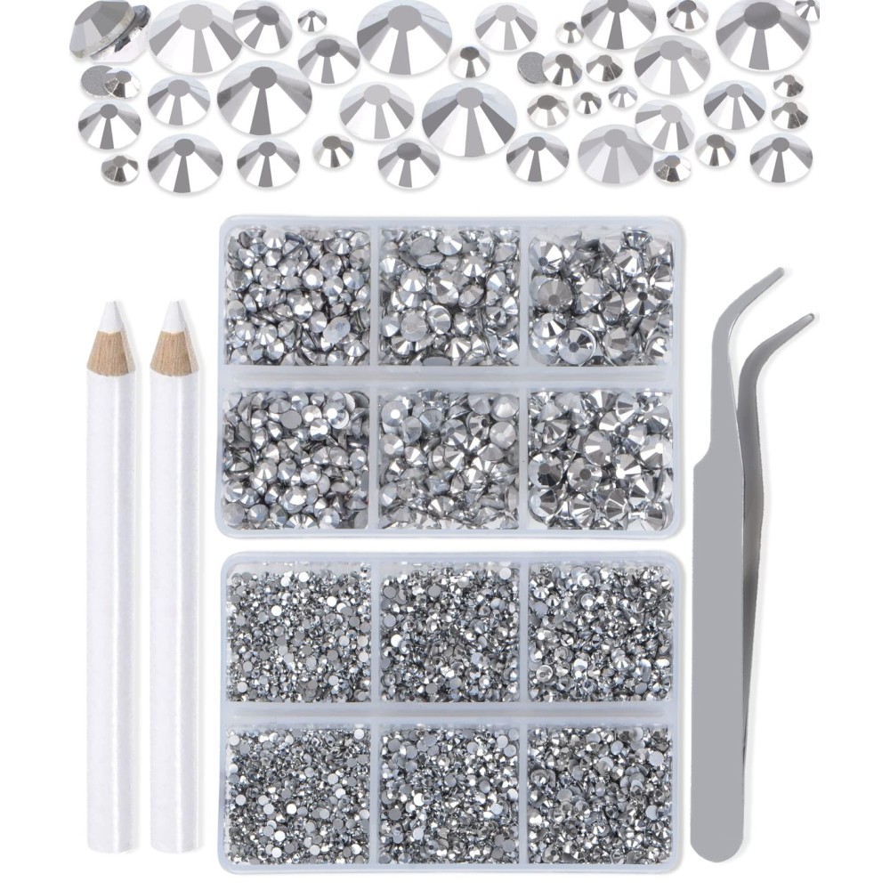 LPBeads 6000 Pieces Metallic Silver Non Hotfix Rhinestones 6 Sizes Round Crystal Glass Flat Back Rhinestones with Tweezers and Picking Pen for Nail Art Crafts Clothes Bags DIY