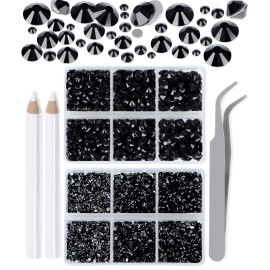 LPBeads 6000 Pieces Black Non Hotfix Rhinestones 6 Sizes Round Crystal Glass Flat Back Rhinestones with Tweezers and Picking Pen for Nail Art Crafts Clothes Bags DIY