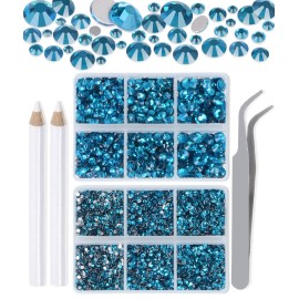 LPBeads 6000 Pieces Peacock Blue Zircon Non Hotfix Rhinestones 6 Sizes Round Crystal Glass Flat Back Rhinestones with Tweezers and Picking Pen for Nail Art Crafts Clothes Bags DIY