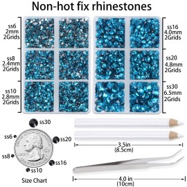 LPBeads 6000 Pieces Peacock Blue Zircon Non Hotfix Rhinestones 6 Sizes Round Crystal Glass Flat Back Rhinestones with Tweezers and Picking Pen for Nail Art Crafts Clothes Bags DIY