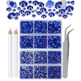 LPBeads 6000 Pieces Sapphire Non Hotfix Rhinestones 6 Sizes Round Crystal Glass Flat Back Rhinestones with Tweezers and Picking Pen for Nail Art Crafts Bags DIY