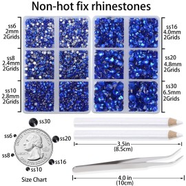 LPBeads 6000 Pieces Sapphire Non Hotfix Rhinestones 6 Sizes Round Crystal Glass Flat Back Rhinestones with Tweezers and Picking Pen for Nail Art Crafts Bags DIY