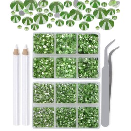 LPBeads 6000 Pieces Light Green Non Hotfix Rhinestones 6 Sizes Round Crystal Glass Flat Back Rhinestones with Tweezers and Picking Pen for Nail Art Crafts Bags DIY