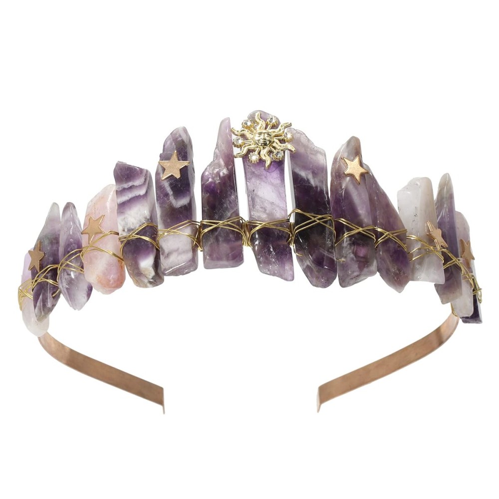 CHLINS Raw Crystal Quartz Tiara Headband - Moon Stars Crystal Boho Tiara Hairband Sun Goddess Crown Wedding Bride Headpiece for Woman(star sun (purple))