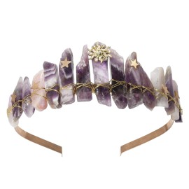CHLINS Raw Crystal Quartz Tiara Headband - Moon Stars Crystal Boho Tiara Hairband Sun Goddess Crown Wedding Bride Headpiece for Woman(star sun (purple))