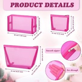 Boao 3 Pieces Mesh Cosmetic Bag Mesh Makeup Bags Zipper Pouch for Offices Travel Accessories, 3 Sizes(Rose Red)