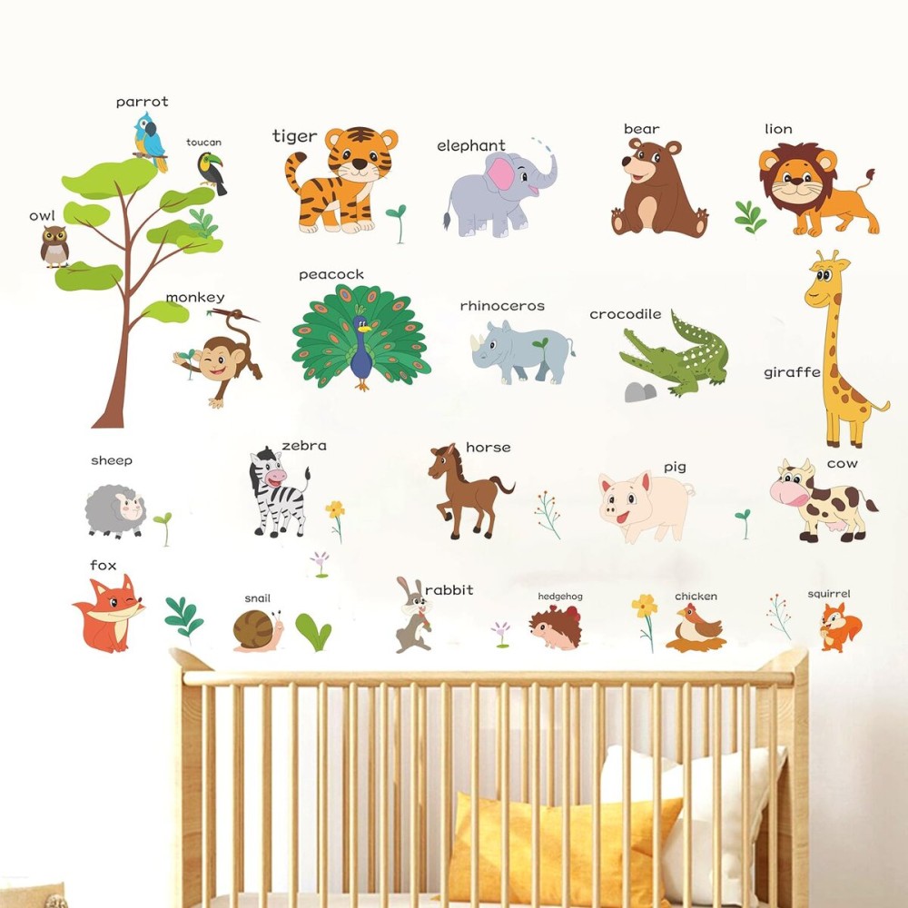 LOMILY Large Animals Learning Educational Wall Stickers Kids,Nursery Playroom Wall Decals,Daycare Preschool Classroom Wall Stickers Peel and Stick Removable,Cute Wall Decor for Boy,Girl,Toddler,Baby.