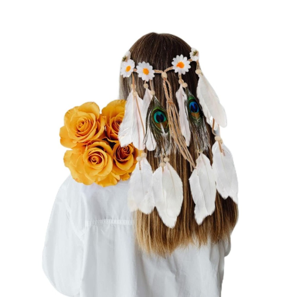 Gangel Daisy Headband White Feather Headpieces Boho Hairband Gypsy Headdress Handmade Peacock Feather Tassel for Festival Masquerades Carnival Hippie Costume Head Accessories for Women and girls