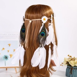 Gangel Daisy Headband White Feather Headpieces Boho Hairband Gypsy Headdress Handmade Peacock Feather Tassel for Festival Masquerades Carnival Hippie Costume Head Accessories for Women and girls