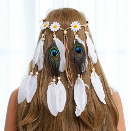 Gangel Daisy Headband White Feather Headpieces Boho Hairband Gypsy Headdress Handmade Peacock Feather Tassel for Festival Masquerades Carnival Hippie Costume Head Accessories for Women and girls