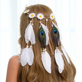 Gangel Daisy Headband White Feather Headpieces Boho Hairband Gypsy Headdress Handmade Peacock Feather Tassel for Festival Masquerades Carnival Hippie Costume Head Accessories for Women and girls