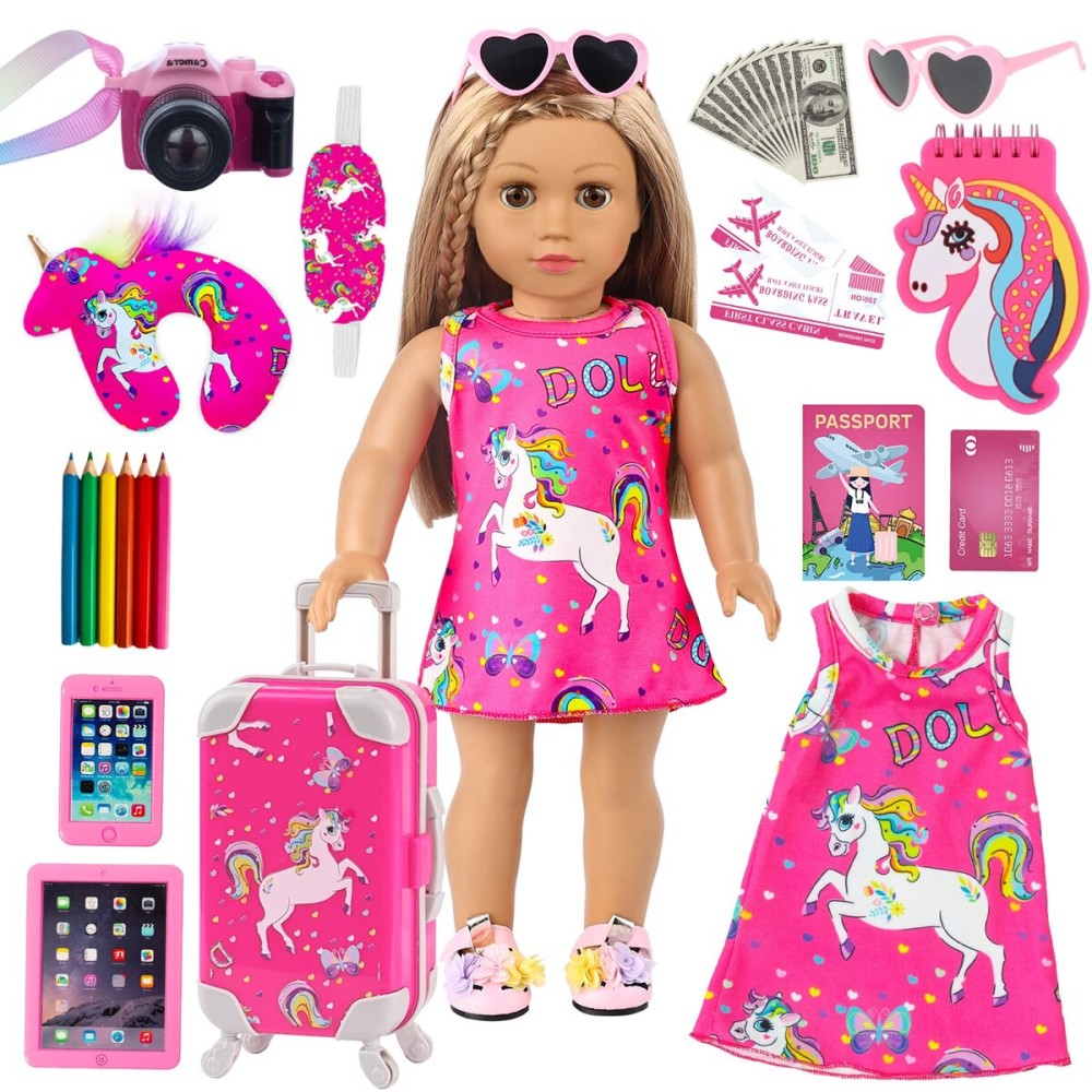 ZQDOLL American 18 Inch Doll Clothes and Accessories Travel Luggage Play Set Including 18 Inch Doll Clothes Travel Suitcase Travel Pillow and Eye Mask(NO Dolls)
