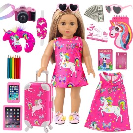 ZQDOLL American 18 Inch Doll Clothes and Accessories Travel Luggage Play Set Including 18 Inch Doll Clothes Travel Suitcase Travel Pillow and Eye Mask(NO Dolls)