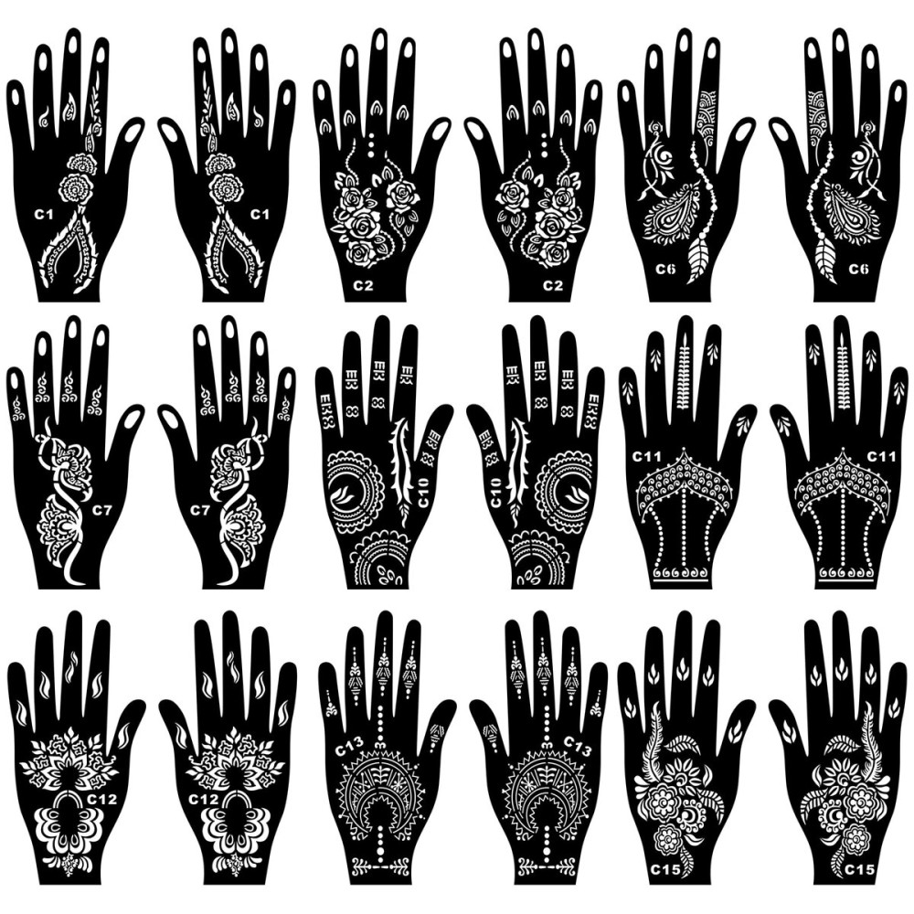 Kotbs 18 Sheets Temporary Tattoo Stencils, Indian Arabian Henna Tattoo Stencils, Glitter Airbrush Tattoo Stickers for Women Boys Girls Hand Body Art