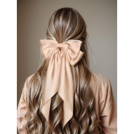 Big Bow Barrettes and Satin Hair Pins with Long Ribbon Tails - Party and Casual Hair Accessories for Women and Girls in Apricot