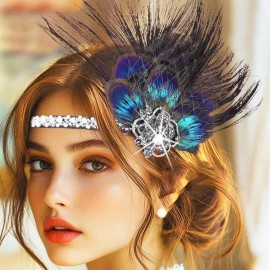 GENBREE 1920s Flapper Headband Gatsby Feather Headpiece Black Peacock Hair Accessories for Women