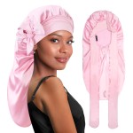 BONNET QUEEN Silk Bonnet for Sleeping Satin Bonnet Braid Bonnet Hair Bonnet for Long Hair Pink Bonnet with Tie Band for Women Curly Hair Locs Weaves