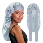 BONNET QUEEN Silk Bonnet for Sleeping Satin Bonnet Braid Bonnet Hair Bonnet for Sleeping with Tie Band for Women Curly Hair Locs Night Cap Silver Gray