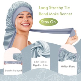 BONNET QUEEN Silk Bonnet for Sleeping Satin Bonnet Braid Bonnet Hair Bonnet for Sleeping with Tie Band for Women Curly Hair Locs Night Cap Silver Gray