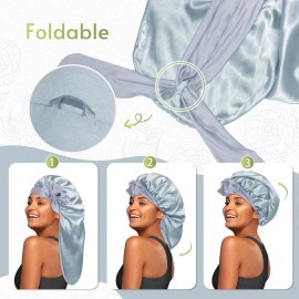 BONNET QUEEN Silk Bonnet for Sleeping Satin Bonnet Braid Bonnet Hair Bonnet for Sleeping with Tie Band for Women Curly Hair Locs Night Cap Silver Gray