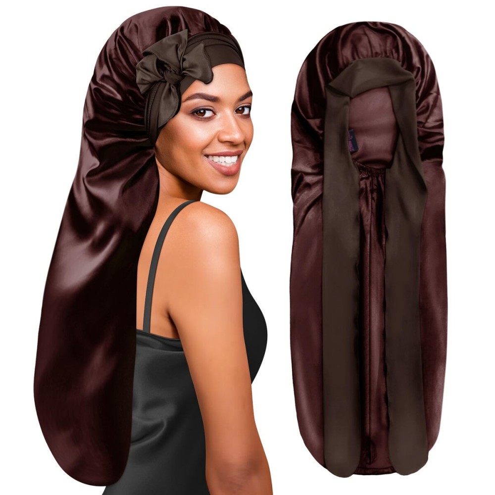 BONNET QUEEN Braid Bonnet Silk Bonnet Foldable Extra Long Wrap for Braids Satin Bonnets with Tie Band Long Sleep Cap, Chocolate