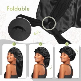 BONNET QUEEN Braid Bonnet Silk Bonnet Foldable Extra Long Wrap for Braids Satin Bonnets with Tie Band Long Sleep Cap, Black