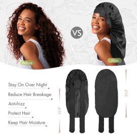 BONNET QUEEN Braid Bonnet Silk Bonnet Foldable Extra Long Wrap for Braids Satin Bonnets with Tie Band Long Sleep Cap, Black
