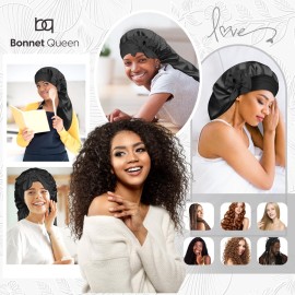 BONNET QUEEN Braid Bonnet Silk Bonnet Foldable Extra Long Wrap for Braids Satin Bonnets with Tie Band Long Sleep Cap, Black