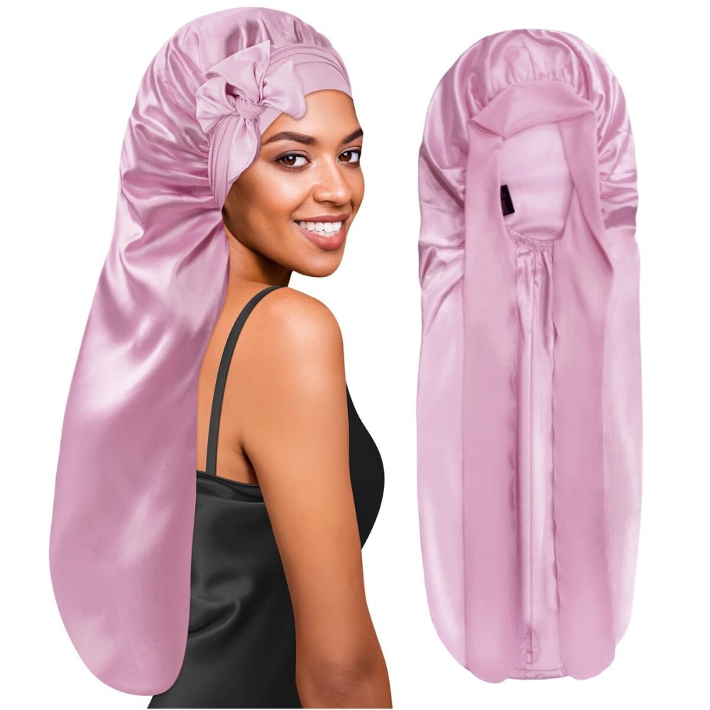 BONNET QUEEN Braid Bonnet Silk Bonnet Foldable Extra Long Bonnet for Braids Satin Bonnet for Sleeping Hair Bonnet with Tie Band Long Sleep Cap Light Rose Gold