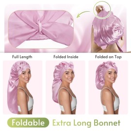 BONNET QUEEN Braid Bonnet Silk Bonnet Foldable Extra Long Bonnet for Braids Satin Bonnet for Sleeping Hair Bonnet with Tie Band Long Sleep Cap Light Rose Gold