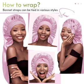 BONNET QUEEN Braid Bonnet Silk Bonnet Foldable Extra Long Bonnet for Braids Satin Bonnet for Sleeping Hair Bonnet with Tie Band Long Sleep Cap Light Rose Gold