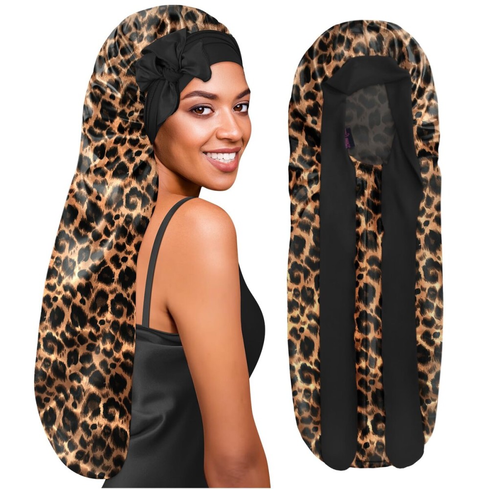 BONNET QUEEN Braid Bonnet for Sleeping Extra Long Silk Bonnet for Braids Satin Bonnet for Sleeping Satin Hair Bonnet Locs with Tie Band Leopard BONNET QUEEN Braid Bonnet for Sleeping Extra Long Silk Bonnet for Braids Satin Bonnet for Sleeping Satin Hair Bonnet Locs with Tie Band Leopard