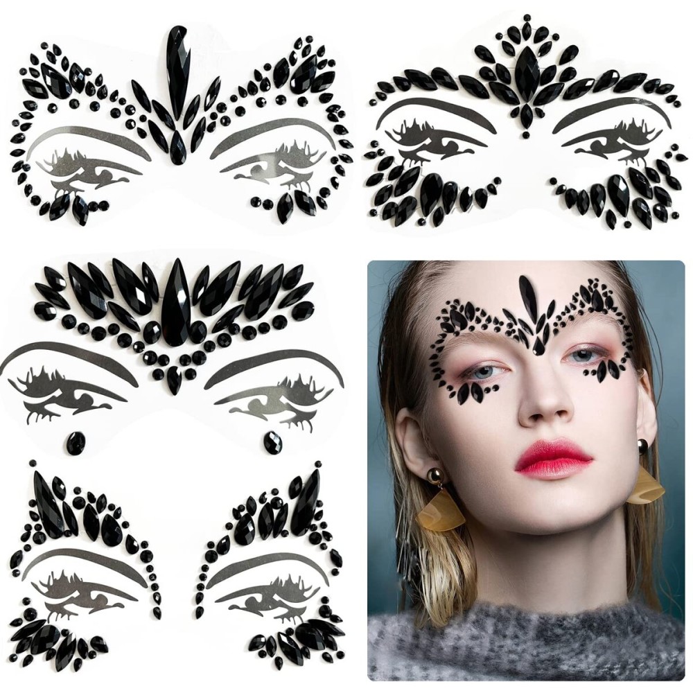 Kotbs Mermaid Face Jewels - 4-Sheet Black Festival Sticker, Body Rhinestone Gems Rave Rainbow Face Crystals for Halloween, Music Carnival Festival Party Makeup