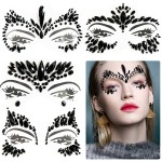Kotbs Mermaid Face Jewels - 4-Sheet Black Festival Sticker, Body Rhinestone Gems Rave Rainbow Face Crystals for Halloween, Music Carnival Festival Party Makeup