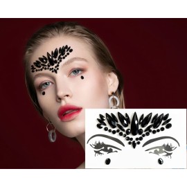 Kotbs Mermaid Face Jewels - 4-Sheet Black Festival Sticker, Body Rhinestone Gems Rave Rainbow Face Crystals for Halloween, Music Carnival Festival Party Makeup