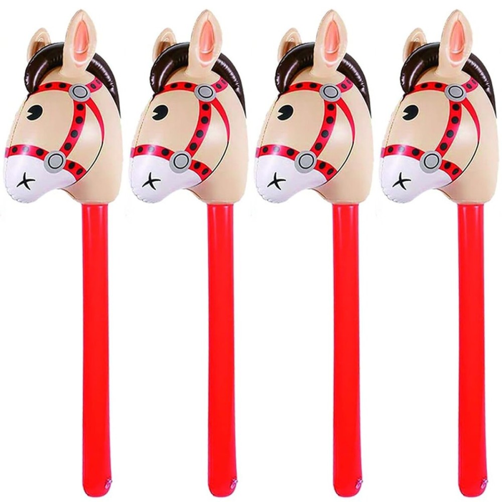 4PCS Inflatable Stick Horse - Pony/Western Cowboy/Horse Baby Shower Birthday Party Decorations Inflatable Horse Head (Red)