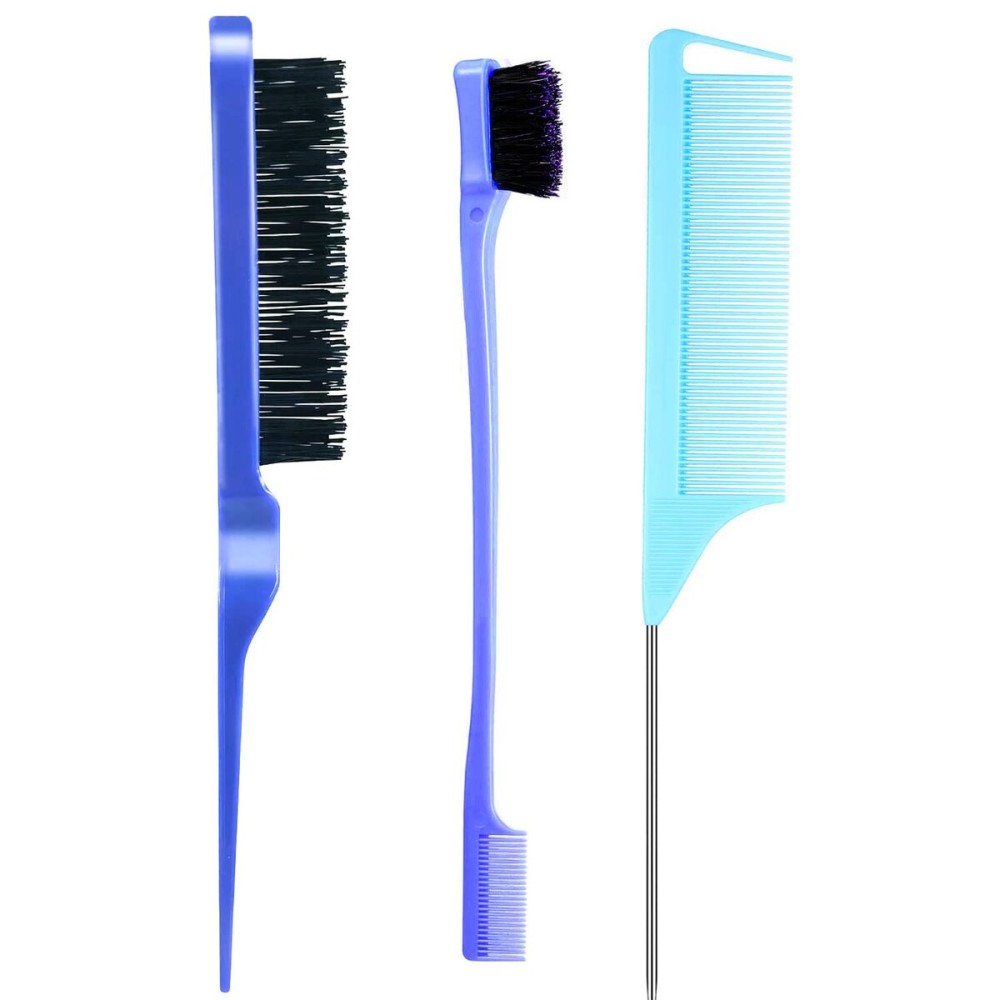 3 Pieces Styling Brush Set - Bristle Teasing Brush, Dual Edge Slicking Brush, Sturdy Parting Comb for Hair Styling, Brushing, and Combing (Blue)