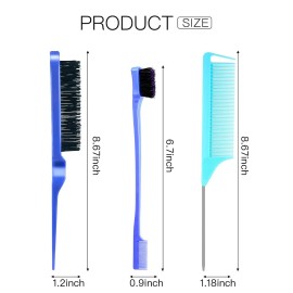 3 Pieces Styling Brush Set - Bristle Teasing Brush, Dual Edge Slicking Brush, Sturdy Parting Comb for Hair Styling, Brushing, and Combing (Blue)