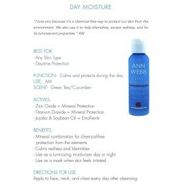 Ann Webb Day Moisture Lotion - All Natural, Chemical free Daily Moisture Cream w/Zinc calms & protects from sun. Minimize Redness & Blemishes. Luminize your complexion.4oz