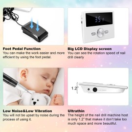 Ultrathin Nail Drill Set for Acrylic Nails Professional 35000RPM with Foot Pedal, LCD Display Manicure Nail Dremel Tool for Gel Nails