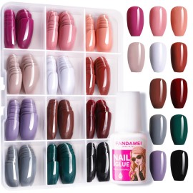 FANDAMEI 288PCS Press on Nails Medium Length, 12 Sets Short Fake Nails False Ballerina Coffin Press on Nails, 12 Solid Color Glossy False Nail Tips for Women Girls Nail Art DIY with 10g Nail Tips Glue
