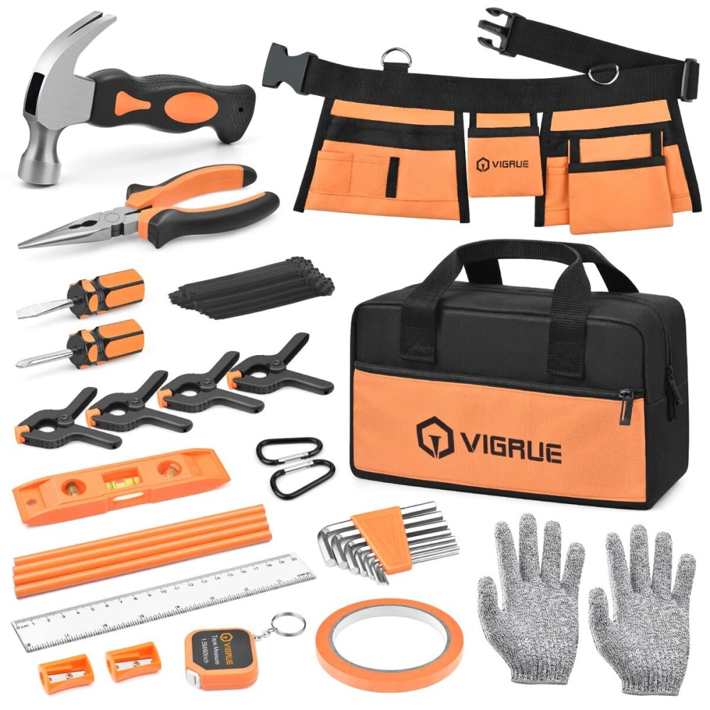 VIGRUE   , Children Gift Present Real Hand Tools Kit with Belt and Bag, Boy Builder Small Learning Accessories Construction Hammer Screwdriver for Home DIY Woodworking