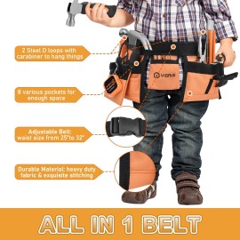 VIGRUE   , Children Gift Present Real Hand Tools Kit with Belt and Bag, Boy Builder Small Learning Accessories Construction Hammer Screwdriver for Home DIY Woodworking